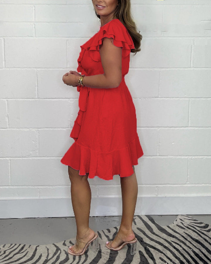 Wilhelmina™ - Elegant V-Neck Dress with Ruffle Embellishments