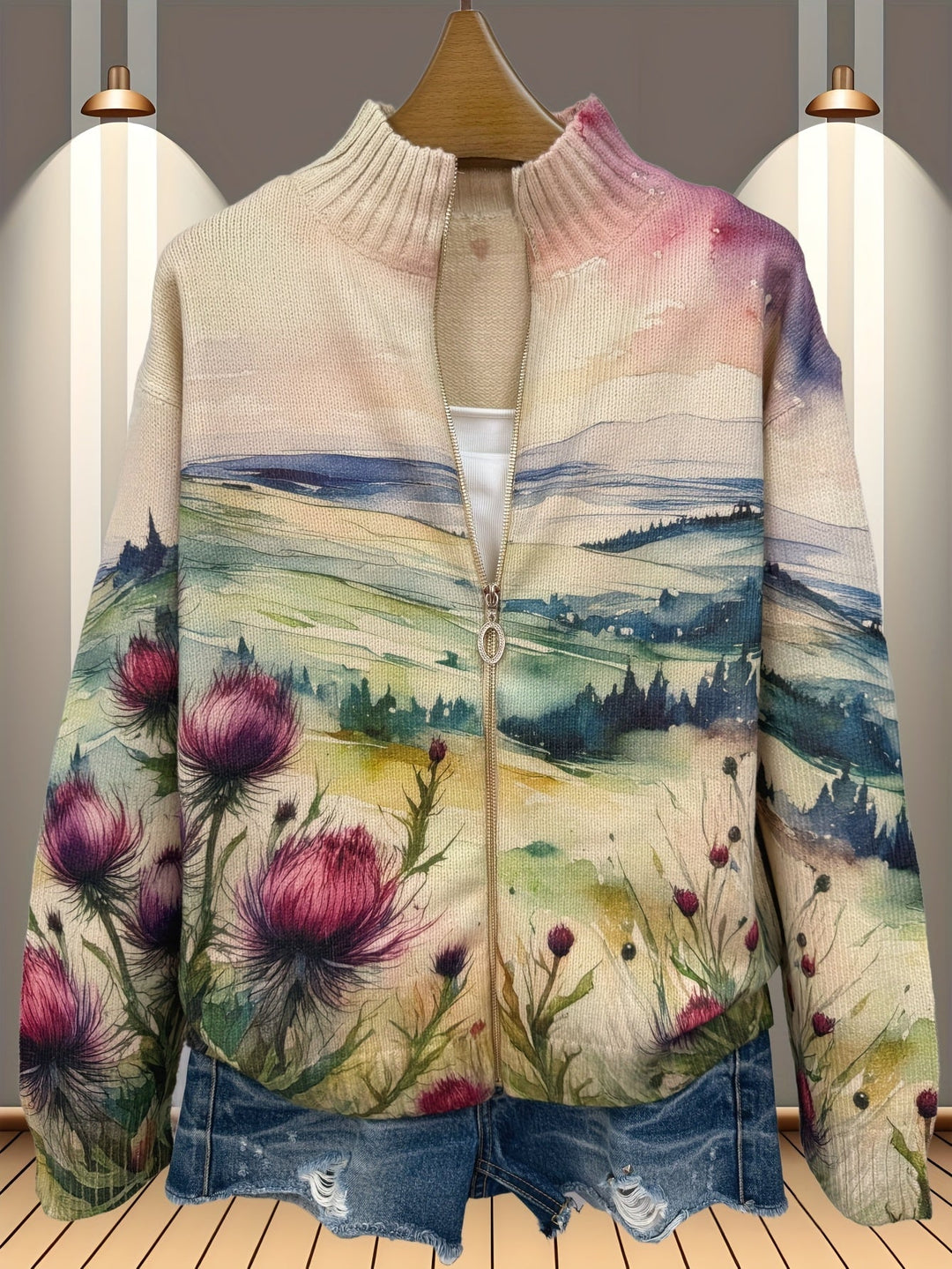 Zelda | Women's Cardigan with Watercolor Landscape and Thistle Pattern
