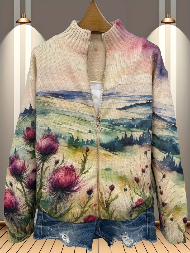Zelda | Women's Cardigan with Watercolor Landscape and Thistle Pattern