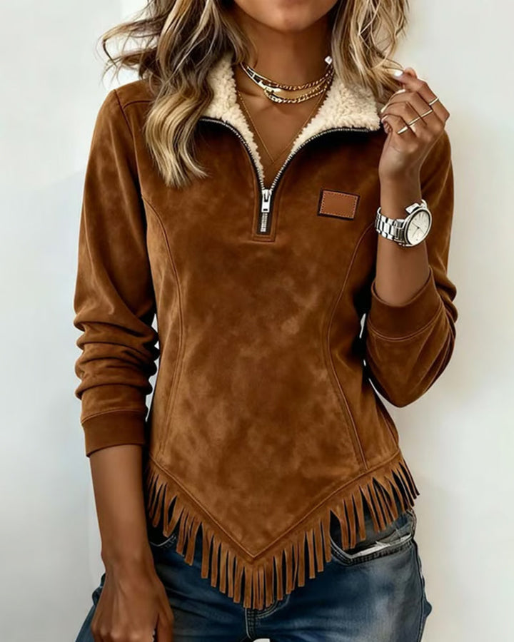 Half-zip collar sweatshirt with asymmetrical design and fringe accents