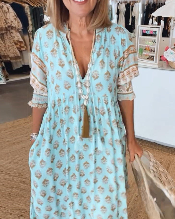 Giusy - Casual Printed V-Neck Dress With Half Sleeves