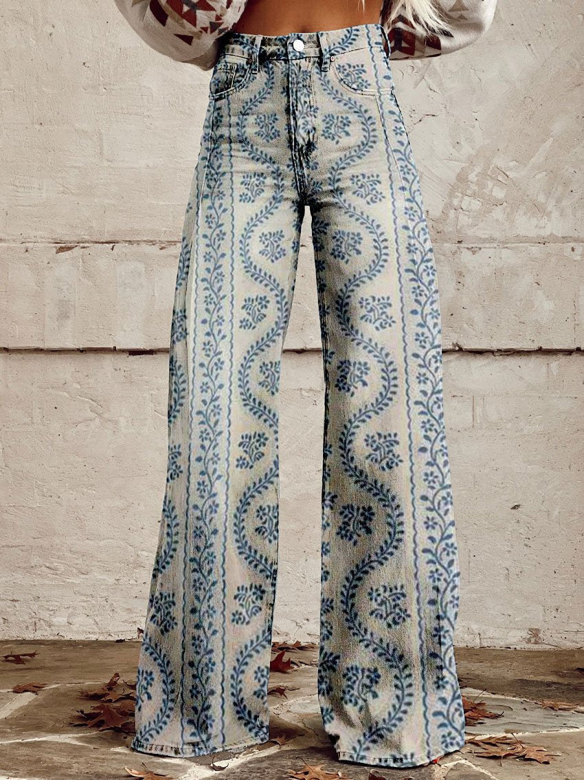 LENA BLUE PATTERNED WIDE-LEG TROUSERS
