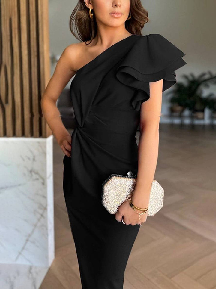 Diana | Damen Ein-Schulter Midi Kleid mit Rüsche und Ausschnitt