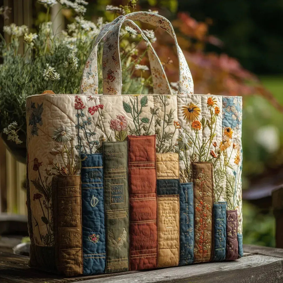 Handcrafted Matelassé Bag - Books and Flowers