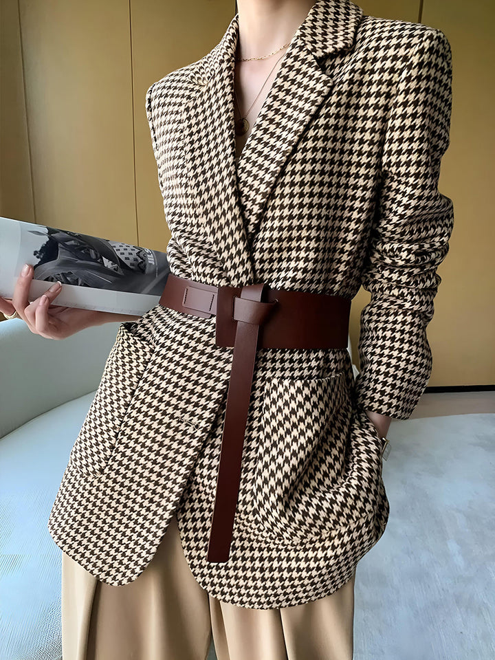 Women's houndstooth blazer with belt, buttons, and pockets