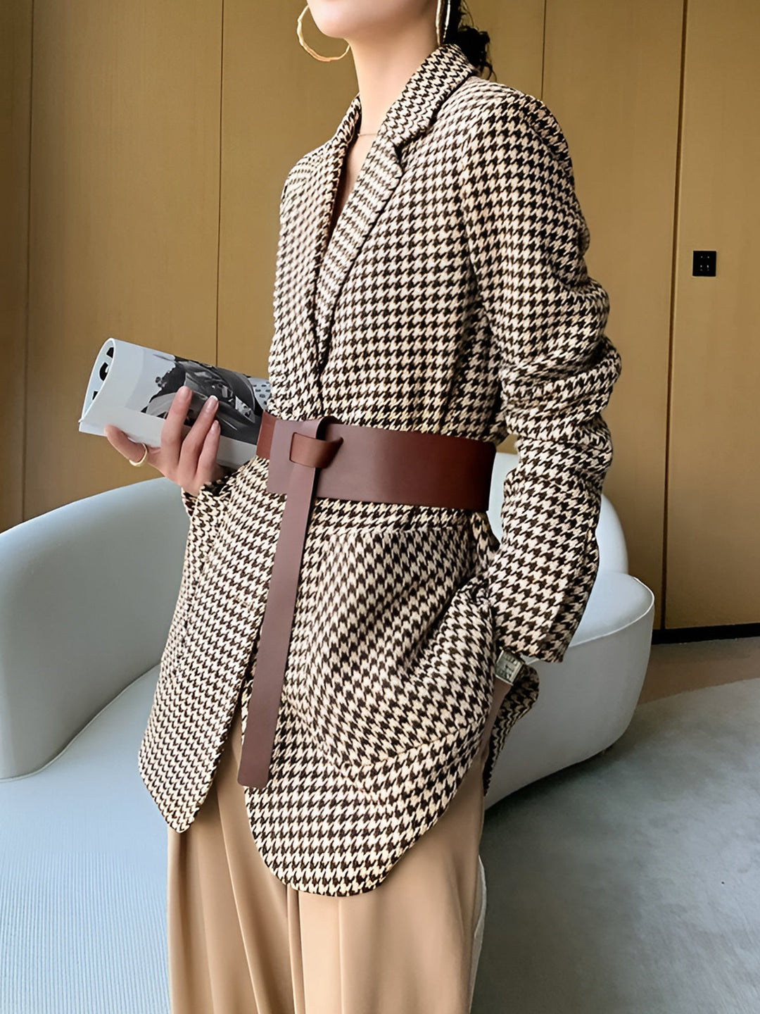 Women's houndstooth blazer with belt, buttons, and pockets