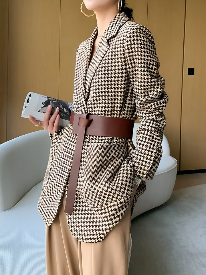 Women's houndstooth blazer with belt, buttons, and pockets