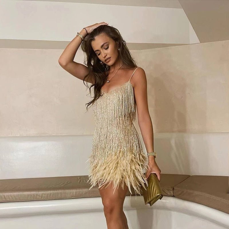 Figure-flattering feathered mini dress