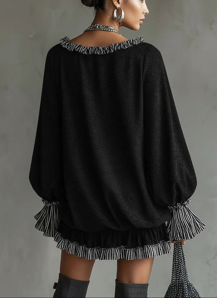 Faux suede mini dress with black stripes and ruffle details