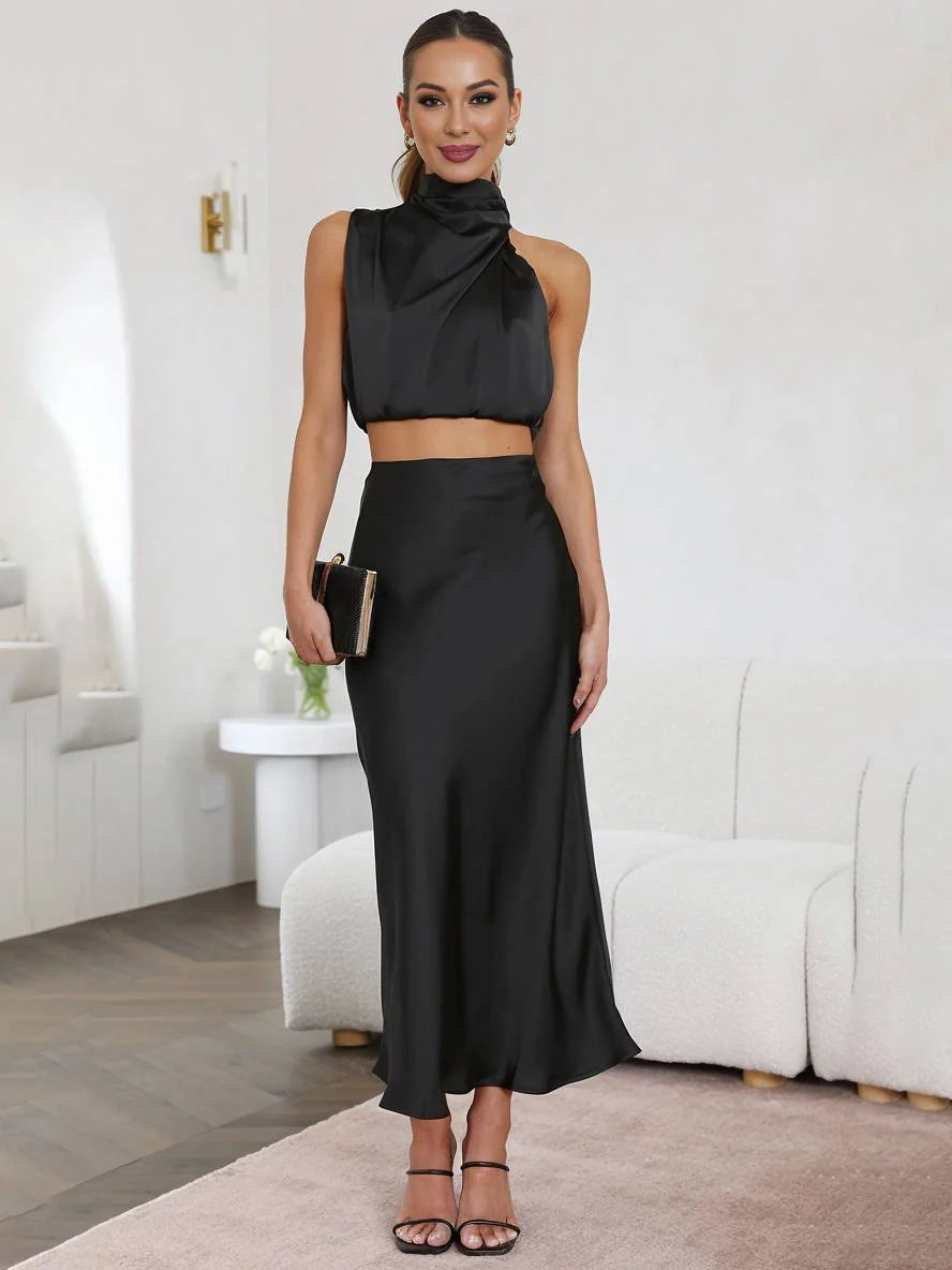 Women's Halter Neck Two-Piece Set with Maxi Skirt