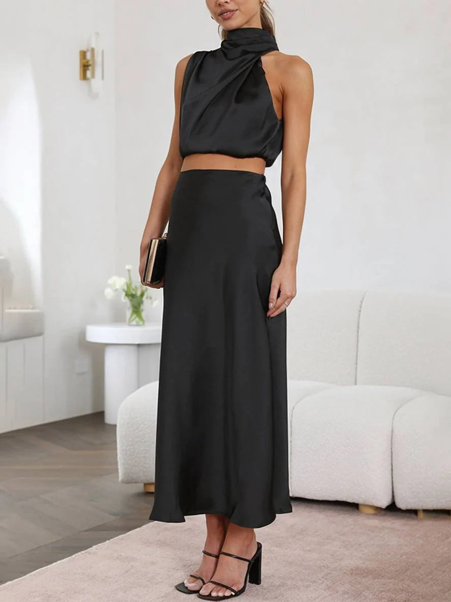 Women's Halter Neck Two-Piece Set with Maxi Skirt