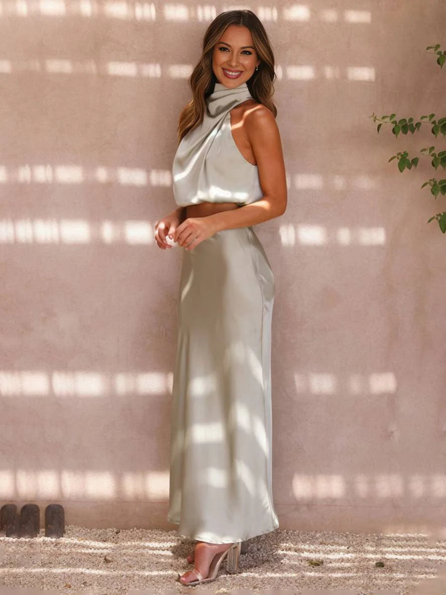 Women's Halter Neck Two-Piece Set with Maxi Skirt