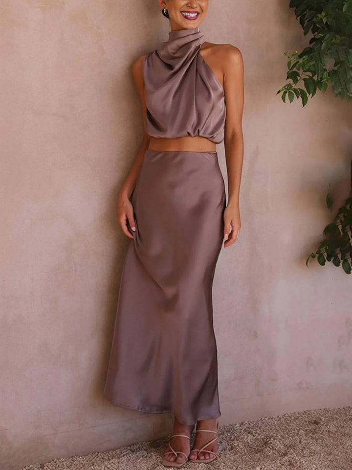 Women's Halter Neck Two-Piece Set with Maxi Skirt