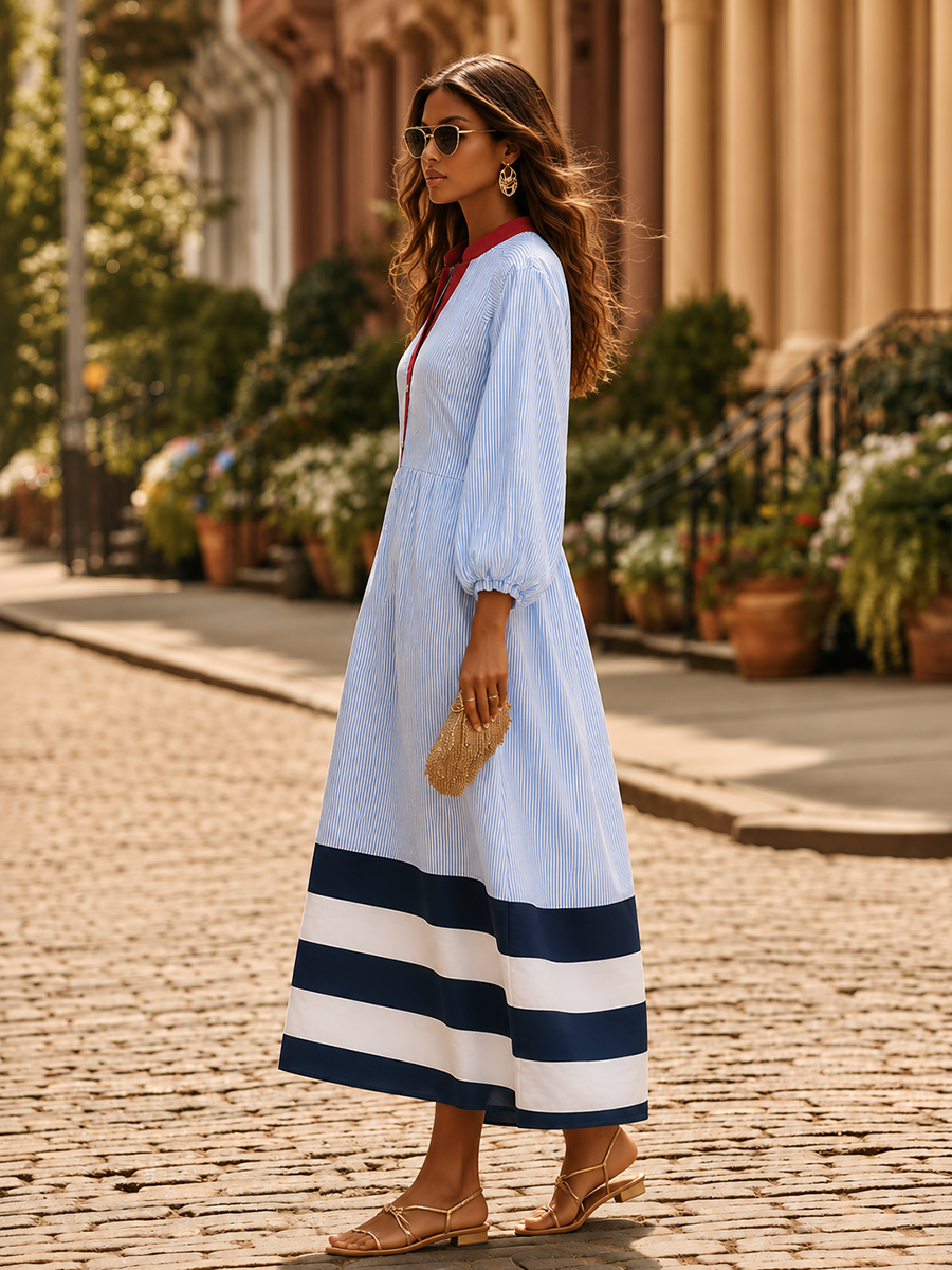 Damen Midi-Kleid mit Stehkragen, langen Ärmeln und Streifen mit Knöpfen