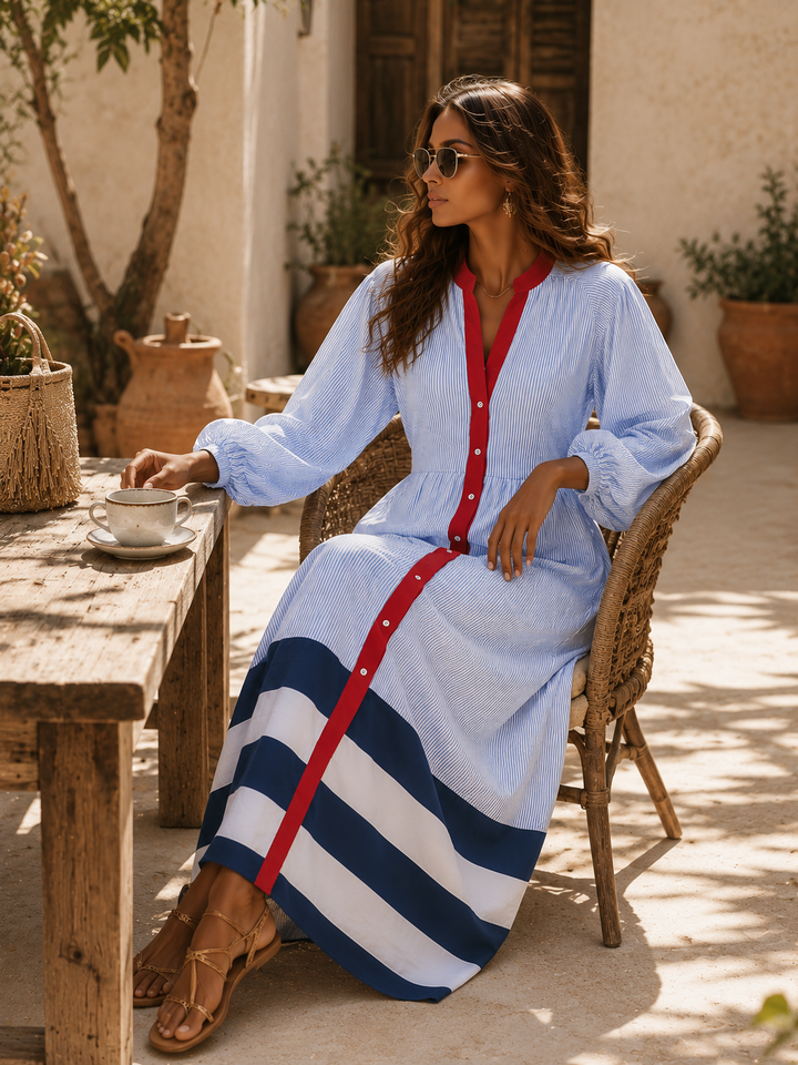 Damen Midi-Kleid mit Stehkragen, langen Ärmeln und Streifen mit Knöpfen