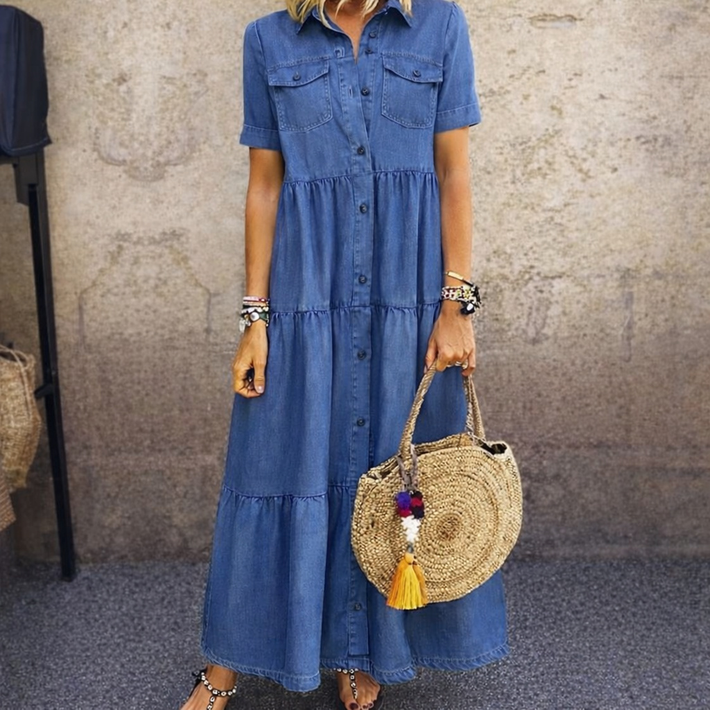 Elizabeth | Damen Maxikleid mit kurzen Ärmeln und Taschen