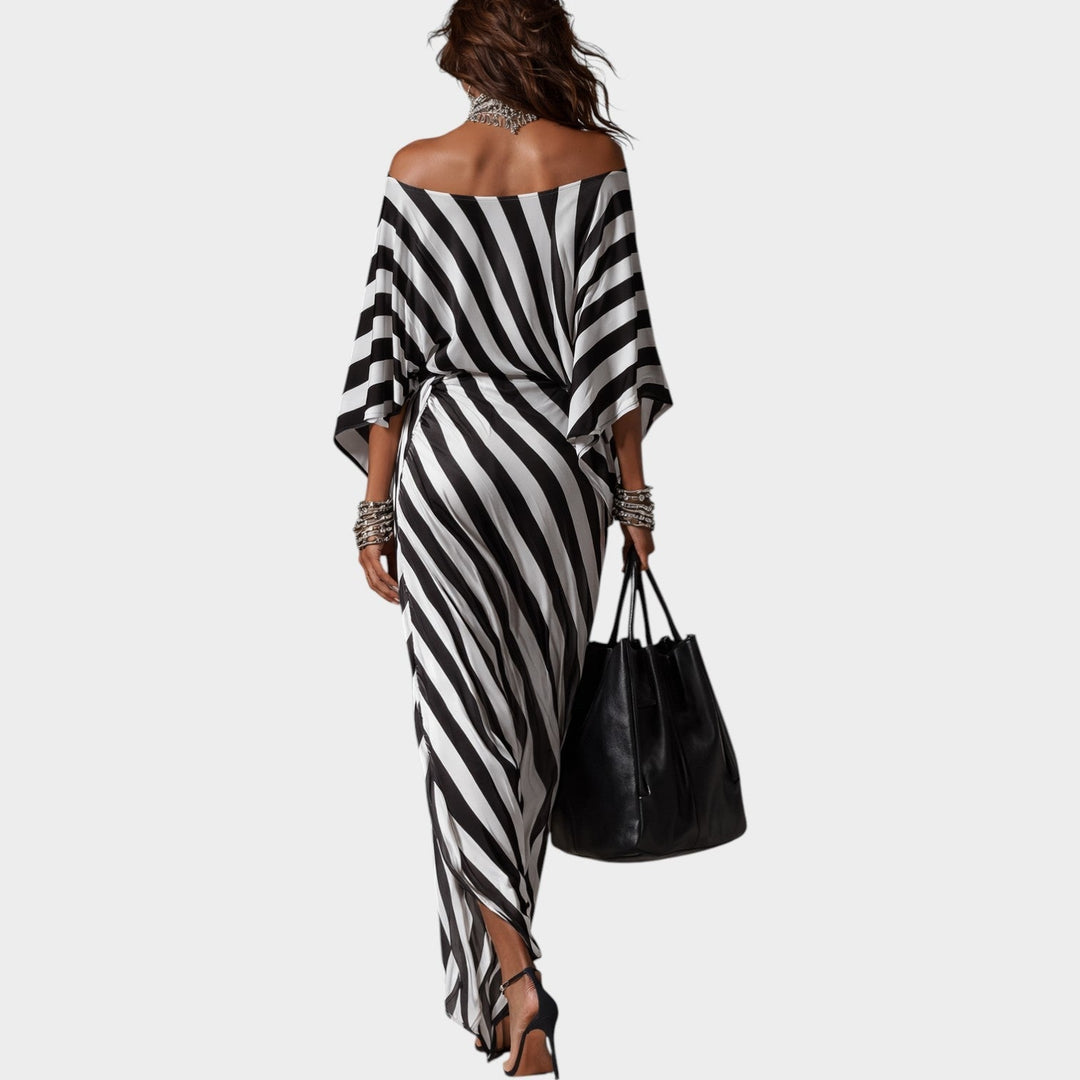 Damen Off-Shoulder Gestreiftes Maxikleid mit Bindegürtel