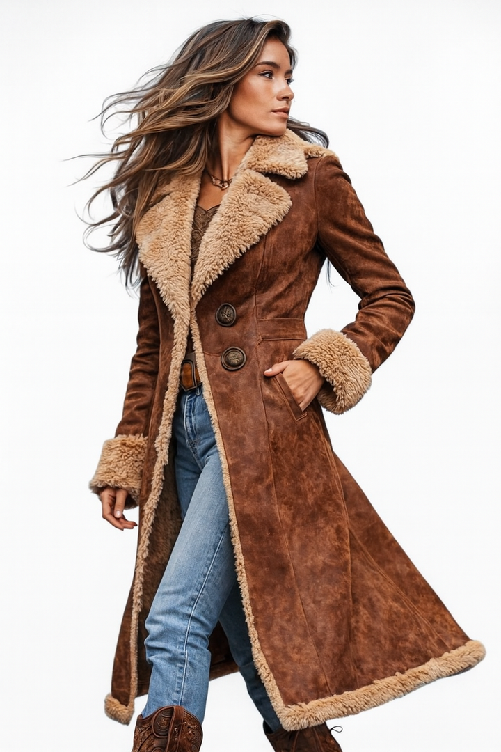 Retro-Style Long Jacket with Faux Fur Accents