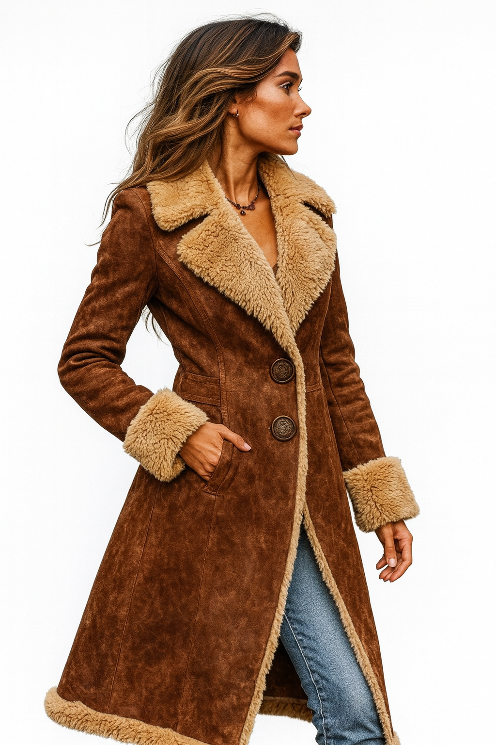 Retro-Style Long Jacket with Faux Fur Accents