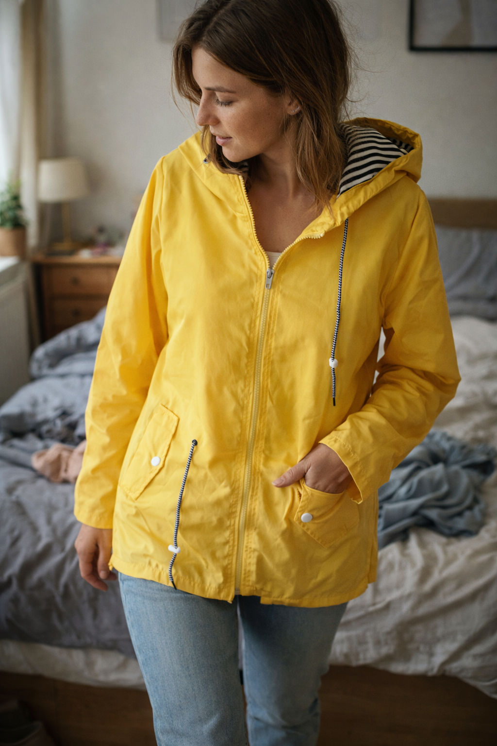 Women’s rain jacket with long sleeves, a hood, and pockets