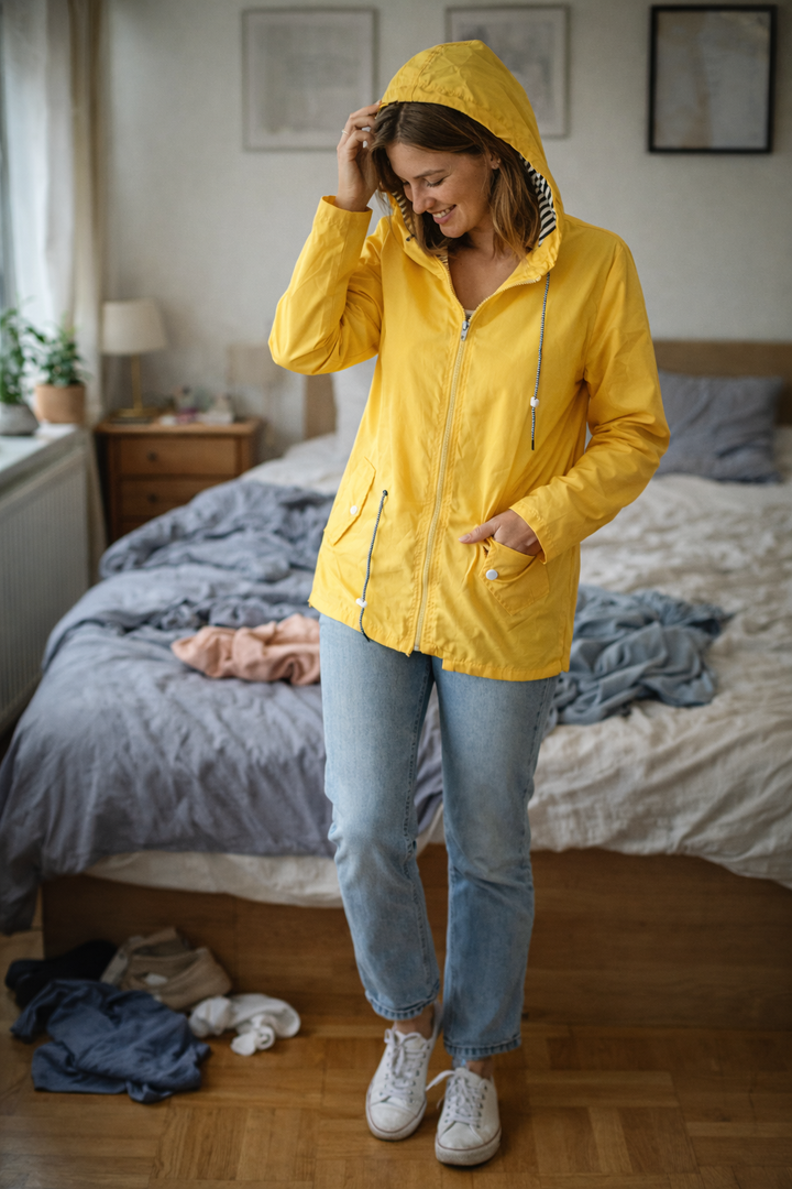 Women’s rain jacket with long sleeves, a hood, and pockets