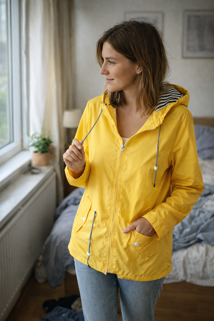 Women’s rain jacket with long sleeves, a hood, and pockets