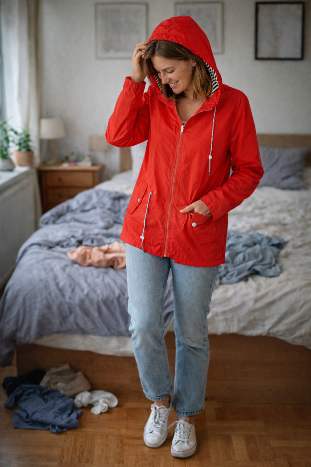 Women’s rain jacket with long sleeves, a hood, and pockets