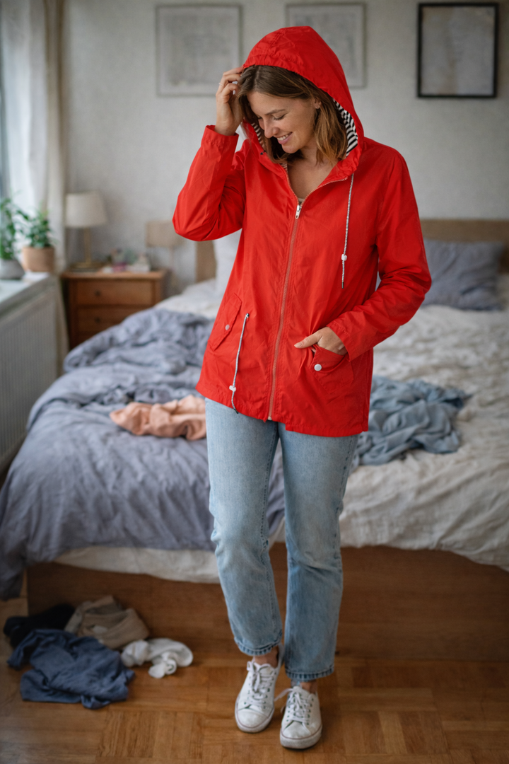 Women’s rain jacket with long sleeves, a hood, and pockets