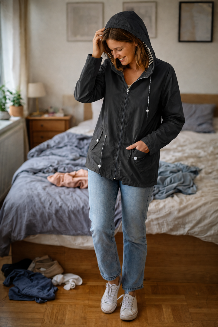 Women’s rain jacket with long sleeves, a hood, and pockets