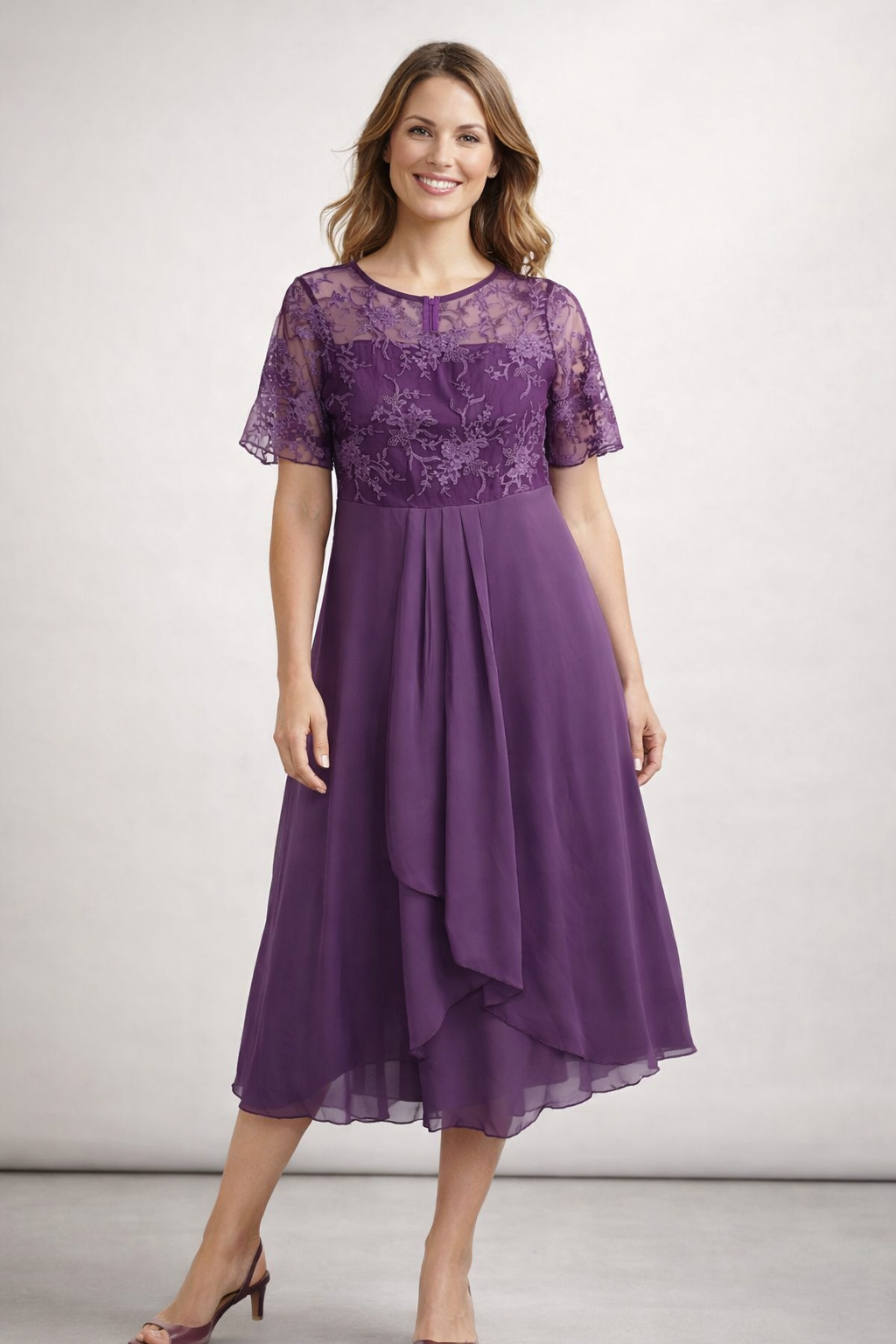 Women's Midi Dress with Floral Lace Bodice and Short Sleeves