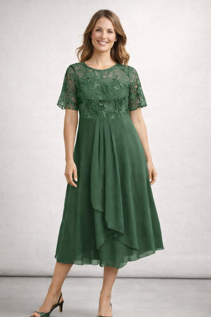 Women's Midi Dress with Floral Lace Bodice and Short Sleeves