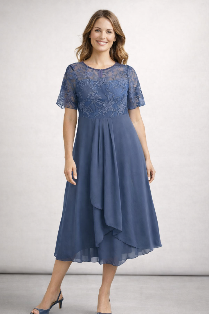 Women's Midi Dress with Floral Lace Bodice and Short Sleeves