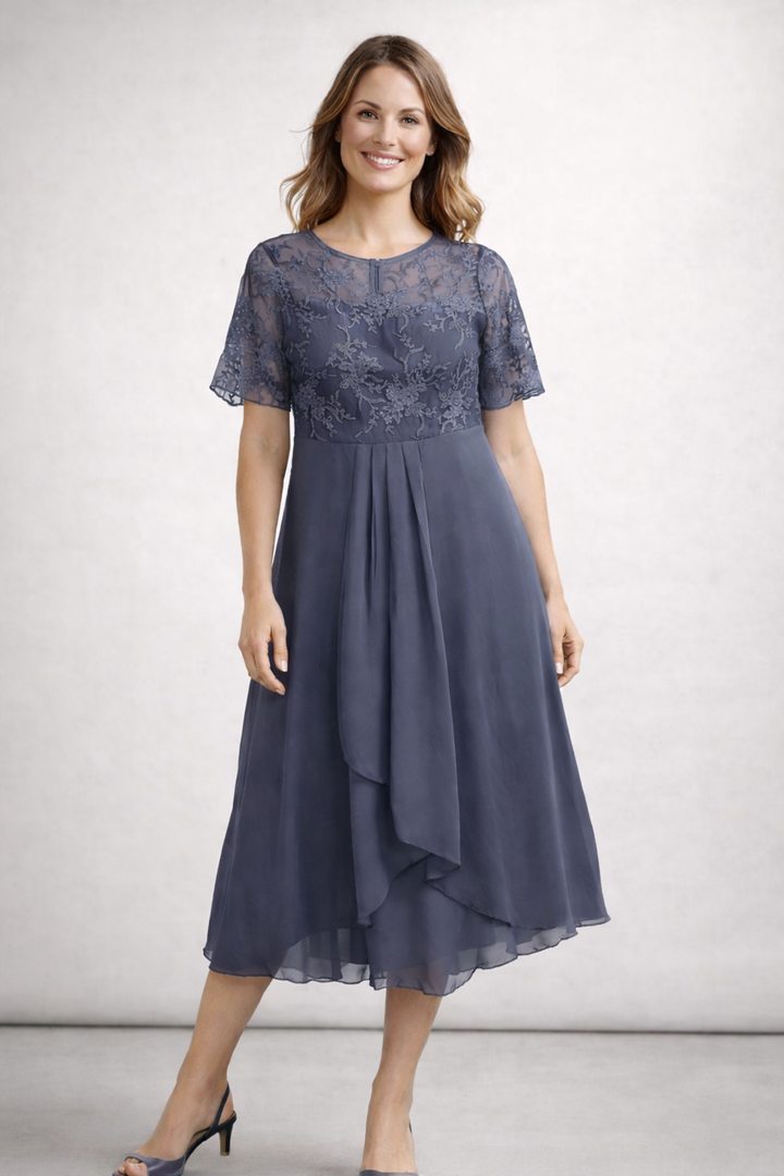 Women's Midi Dress with Floral Lace Bodice and Short Sleeves