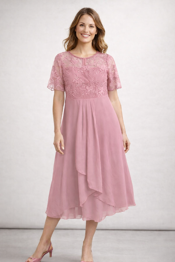 Women's Midi Dress with Floral Lace Bodice and Short Sleeves