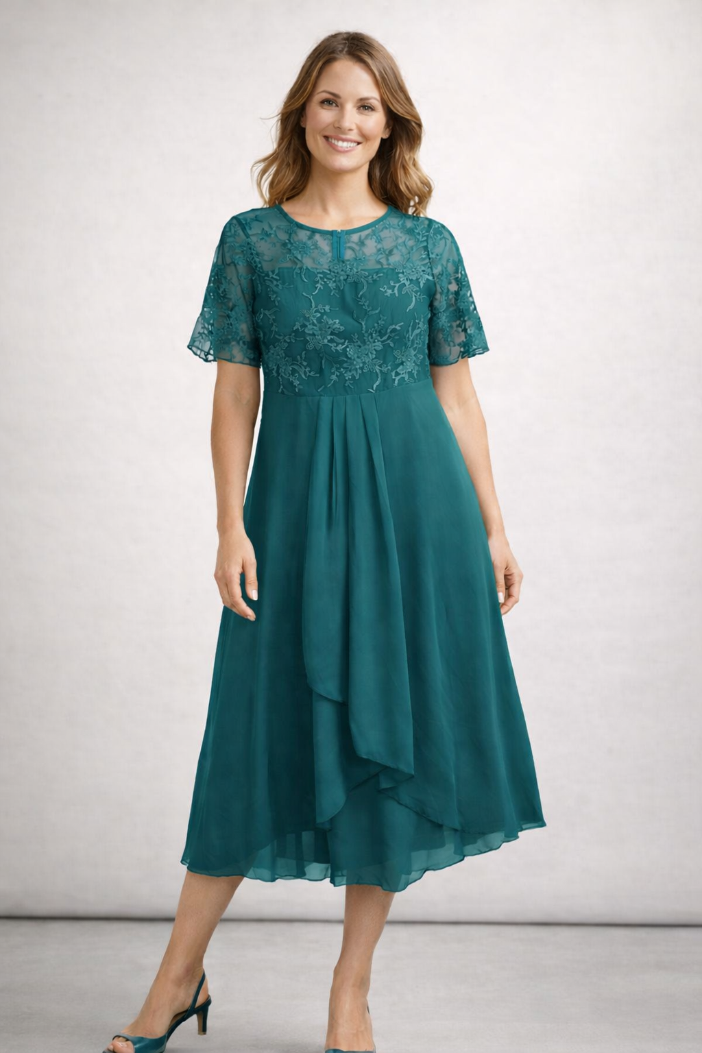 Women's Midi Dress with Floral Lace Bodice and Short Sleeves