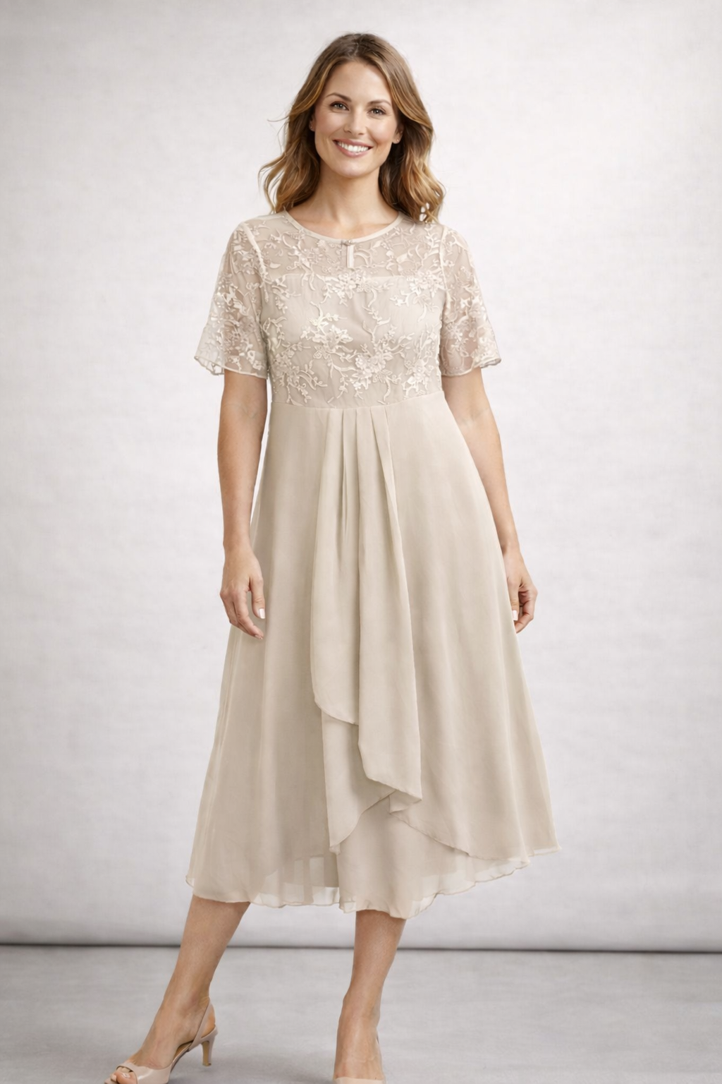 Women's Midi Dress with Floral Lace Bodice and Short Sleeves