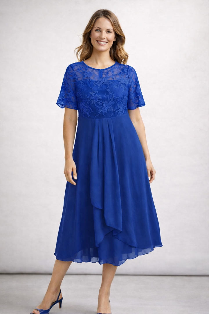 Women's Midi Dress with Floral Lace Bodice and Short Sleeves