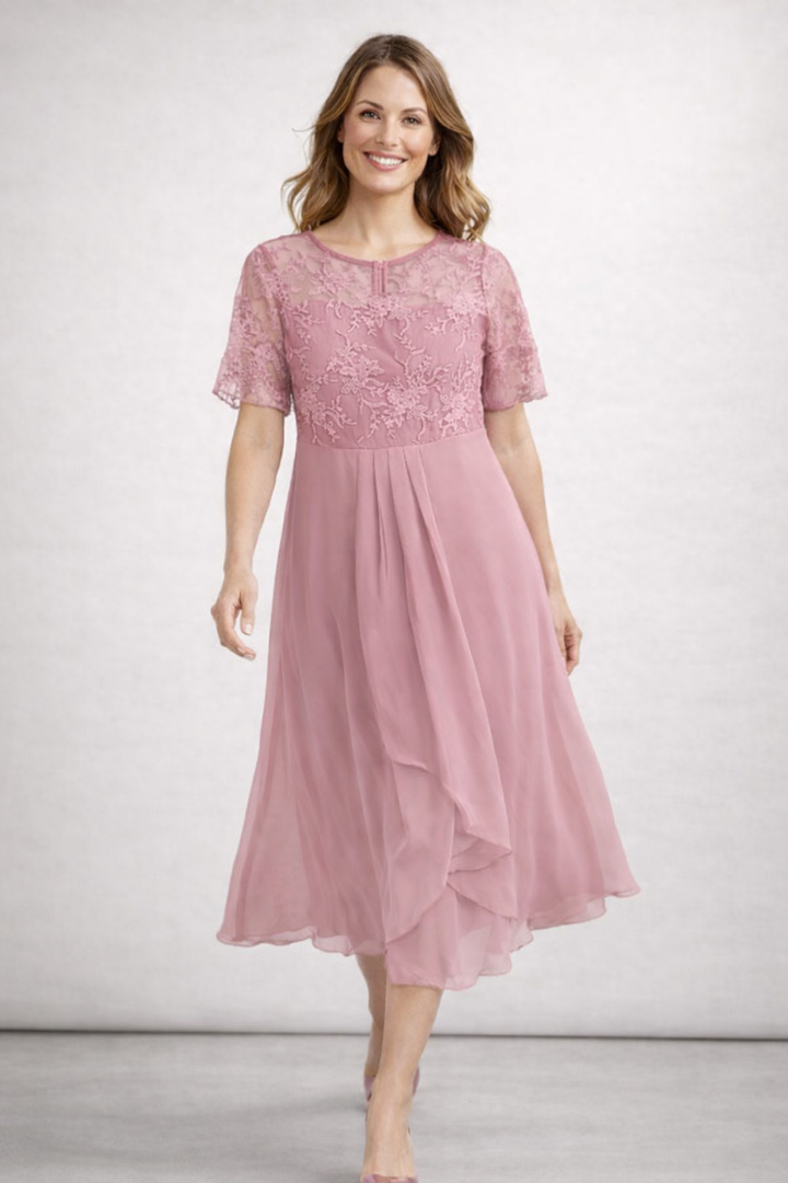 Women's Midi Dress with Floral Lace Bodice and Short Sleeves