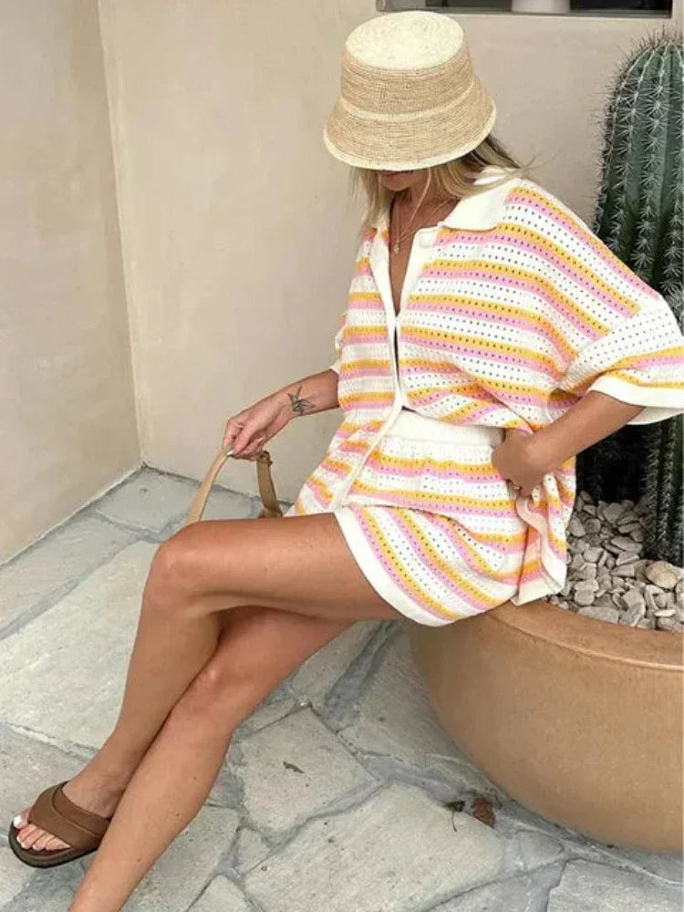 Women's 2-piece knit suit with striking contrast stripes