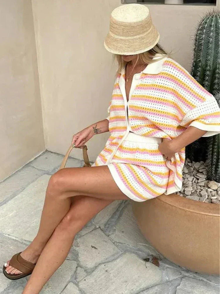 Women's 2-piece knit suit with striking contrast stripes