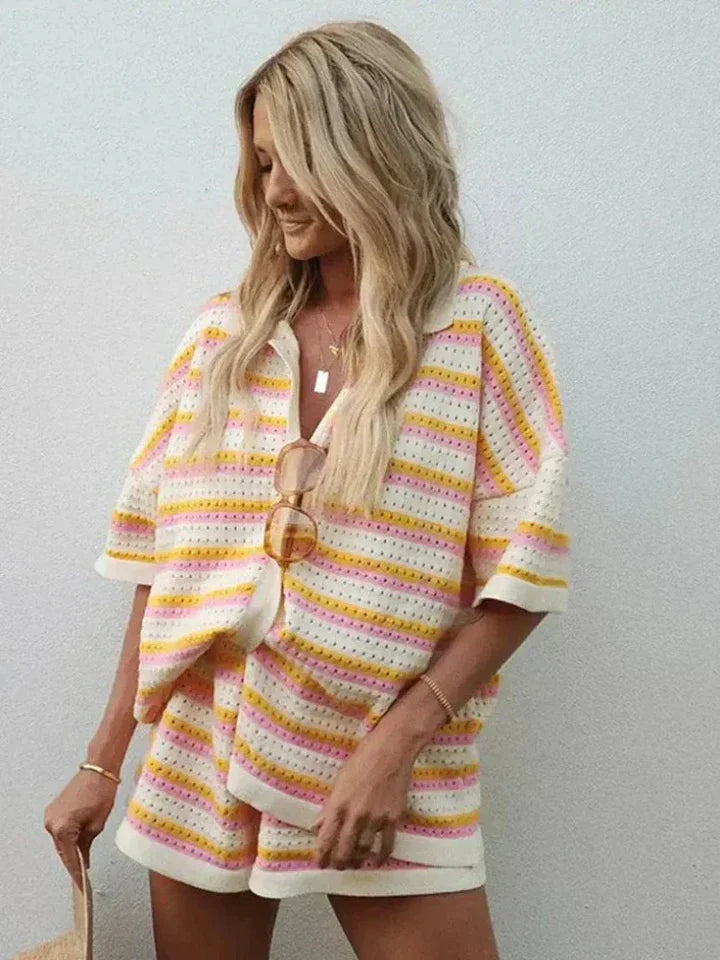 Women's 2-piece knit suit with striking contrast stripes