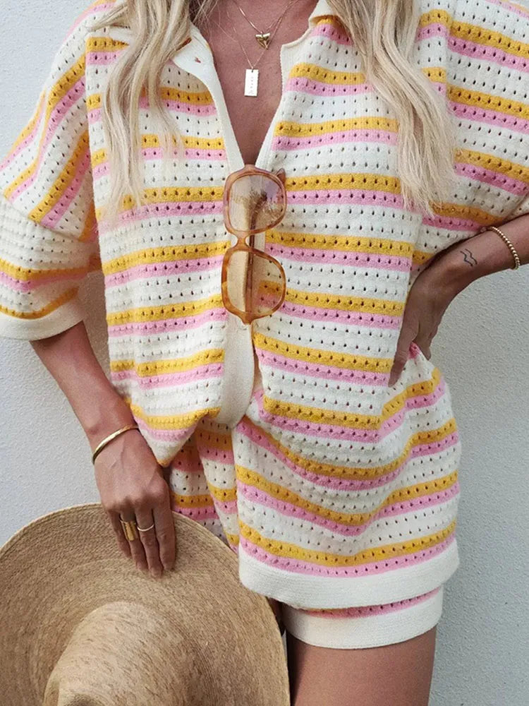Women's 2-piece knit suit with striking contrast stripes