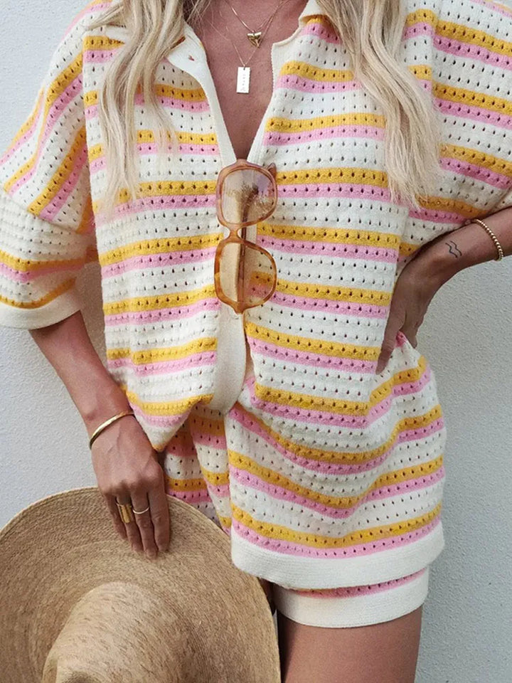Women's 2-piece knit suit with striking contrast stripes