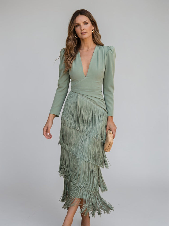 Sofia | Elegant V-Neck Ombre Fringe Dress