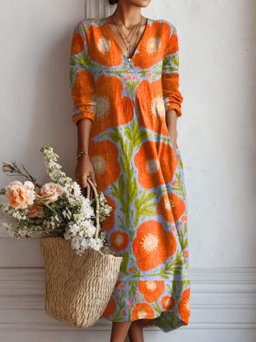 Women's Vintage Floral Pocket Dress - Artistic Print Design