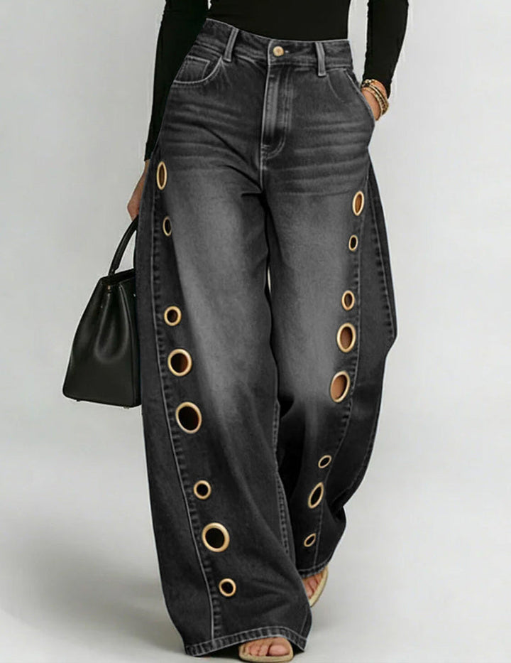 Wide denim trousers with golden eyelet side cut-outs