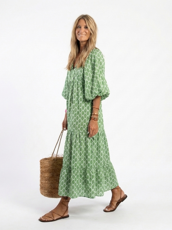 Apolline | Midi dress with three-quarter sleeves and V-neck in patterned fabric