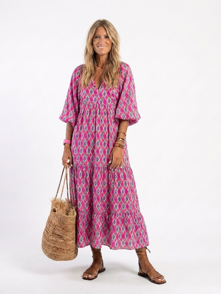 Apolline | Midi dress with three-quarter sleeves and V-neck in patterned fabric