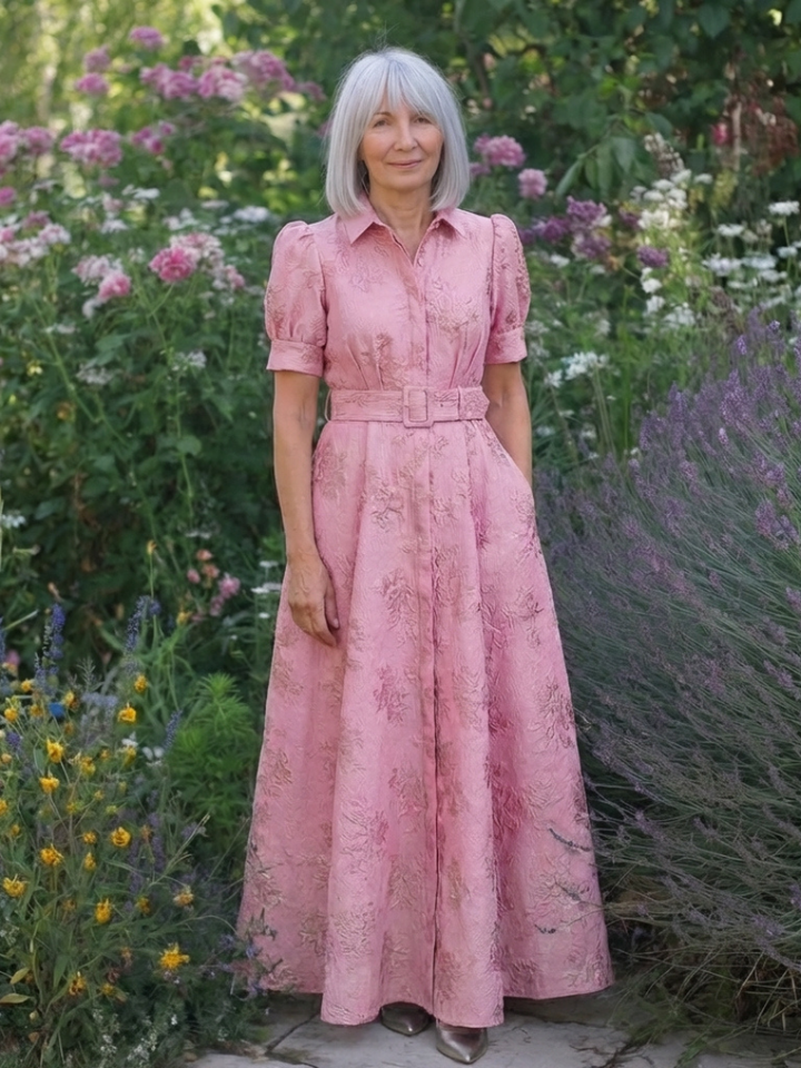 Xanthea | Short-sleeved, tailored, floral-textured maxi dress