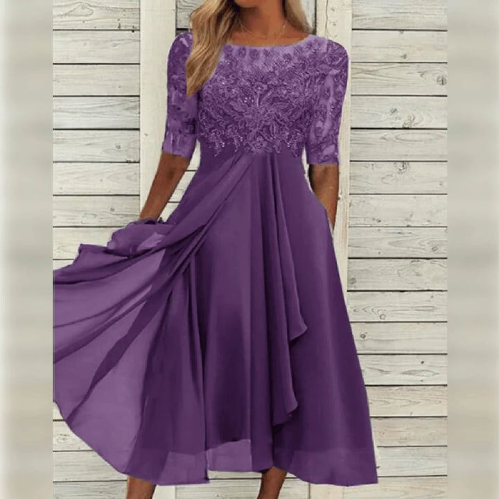 Women's round-neck lace midi dress with pockets